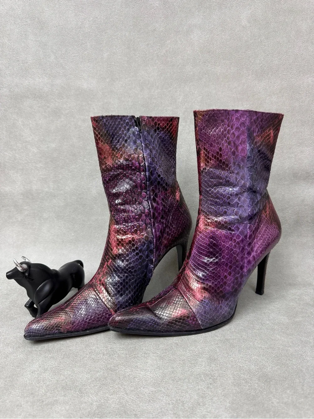 Mario Valentino Purple & Red Snakeskin Pointed-Toe Ankle Boots